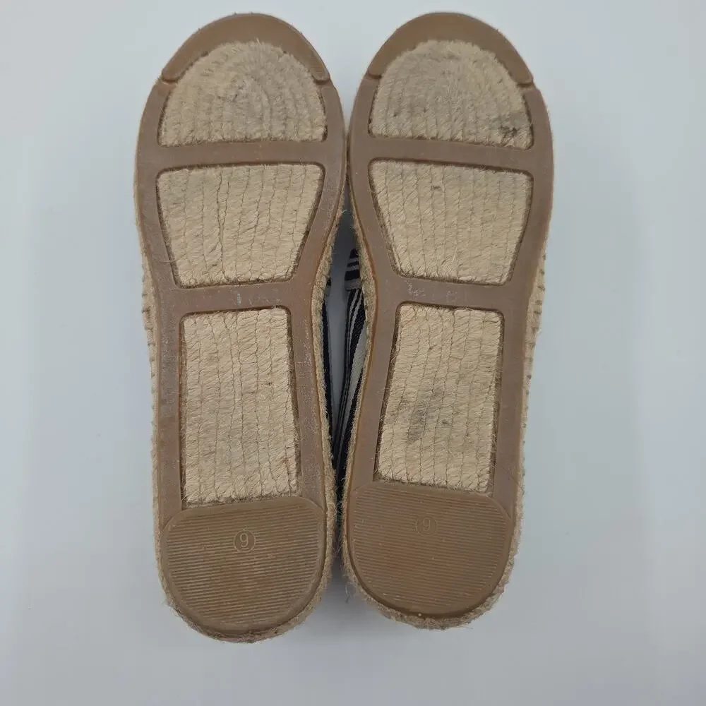 Tory Burch Espadrille Flats 9 Navy White Stripe Canvas Slip On Coastal Preppy